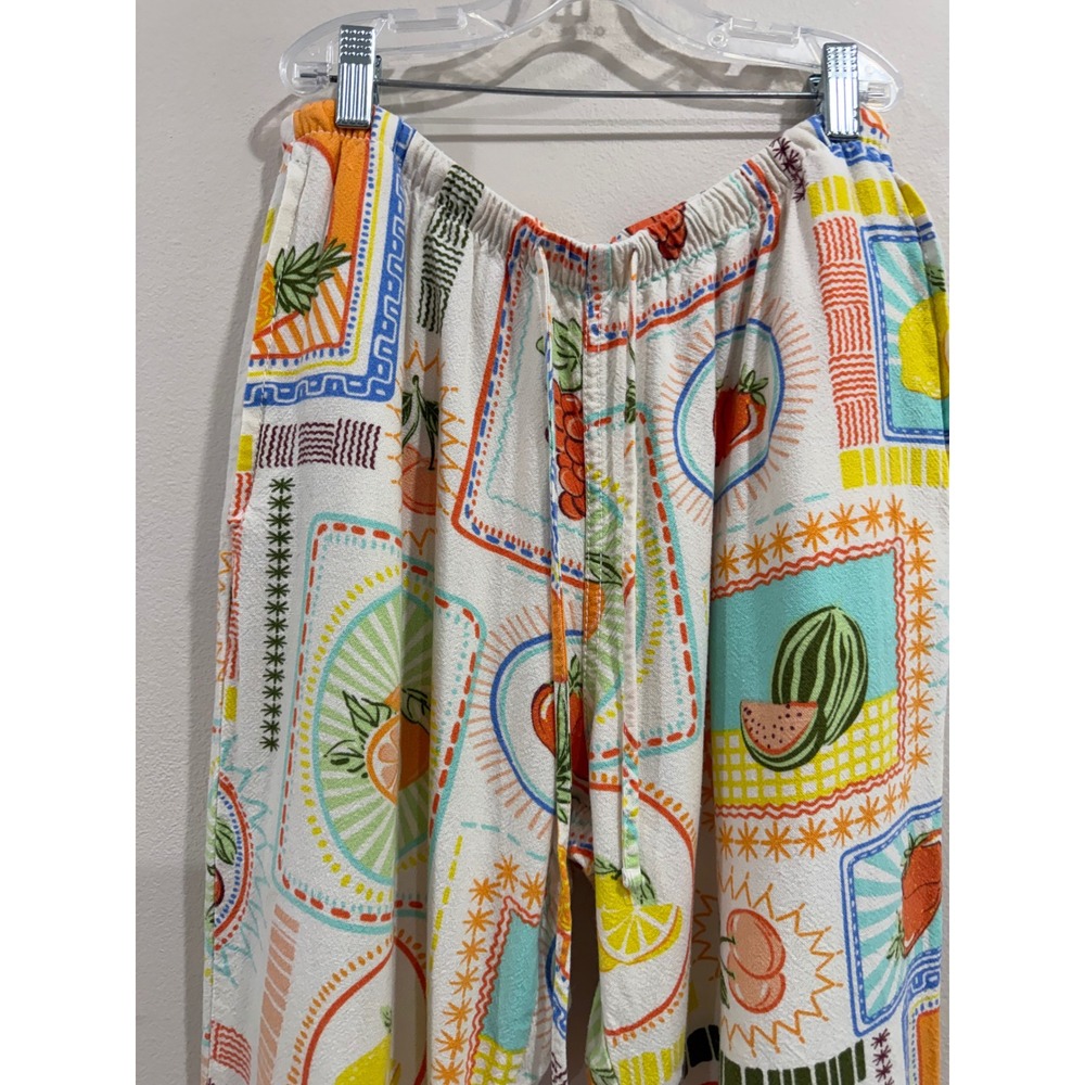 Cali 1850 Fruit Stamp Print Linen Blend Wide Leg Pants Tropical Multi Color Sz M - Picture 5 of 8